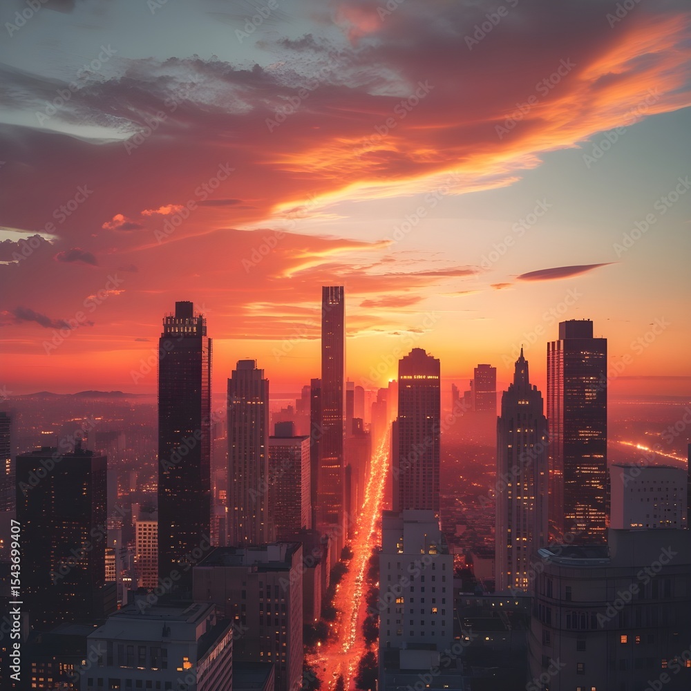 Fototapeta premium This image captures a breathtaking cityscape at either sunrise or sunset, with the sky ablaze in fiery reds, oranges, and purples. A prominent street or avenue stretches into the distance, illuminate