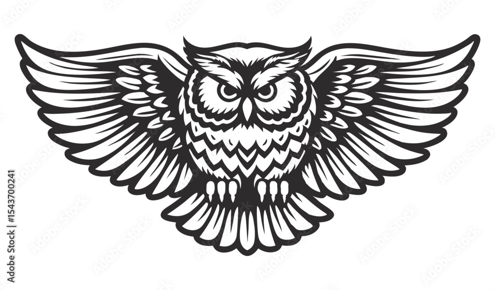 Obraz premium Monochrome vector owl with wings extended, visible feather structure, frontal gaze, symmetrical composition, suitable for wildlife themed branding, print design, emblem or patch application