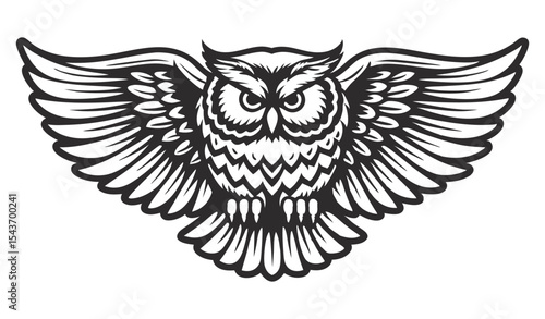 Monochrome vector owl with wings extended, visible feather structure, frontal gaze, symmetrical composition, suitable for wildlife themed branding, print design, emblem or patch application