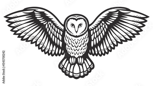 Monochrome vector owl with wings extended, visible feather structure, frontal gaze, symmetrical composition, suitable for wildlife themed branding, print design, emblem or patch application