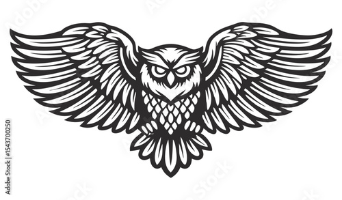 Monochrome vector owl with wings extended, visible feather structure, frontal gaze, symmetrical composition, suitable for wildlife themed branding, print design, emblem or patch application