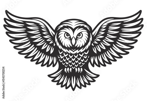 Monochrome vector owl with wings extended, visible feather structure, frontal gaze, symmetrical composition, suitable for wildlife themed branding, print design, emblem or patch application