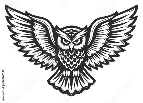 Monochrome vector owl with wings extended, visible feather structure, frontal gaze, symmetrical composition, suitable for wildlife themed branding, print design, emblem or patch application