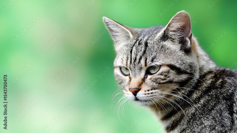 Fototapeta premium Gray striped cat portrait with detailed fur, soft natural light, blurred green background. Elegance in simplicity.