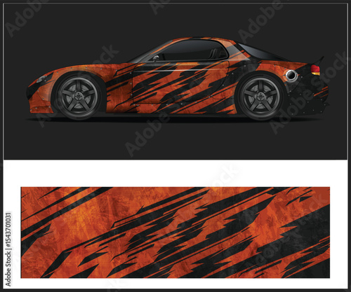 Orange and Black Sports Car with Abstract Graphic Wrap Design
