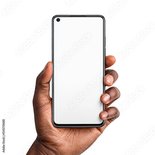 Black hand holding smartphone with blank screen isolated on transparent background