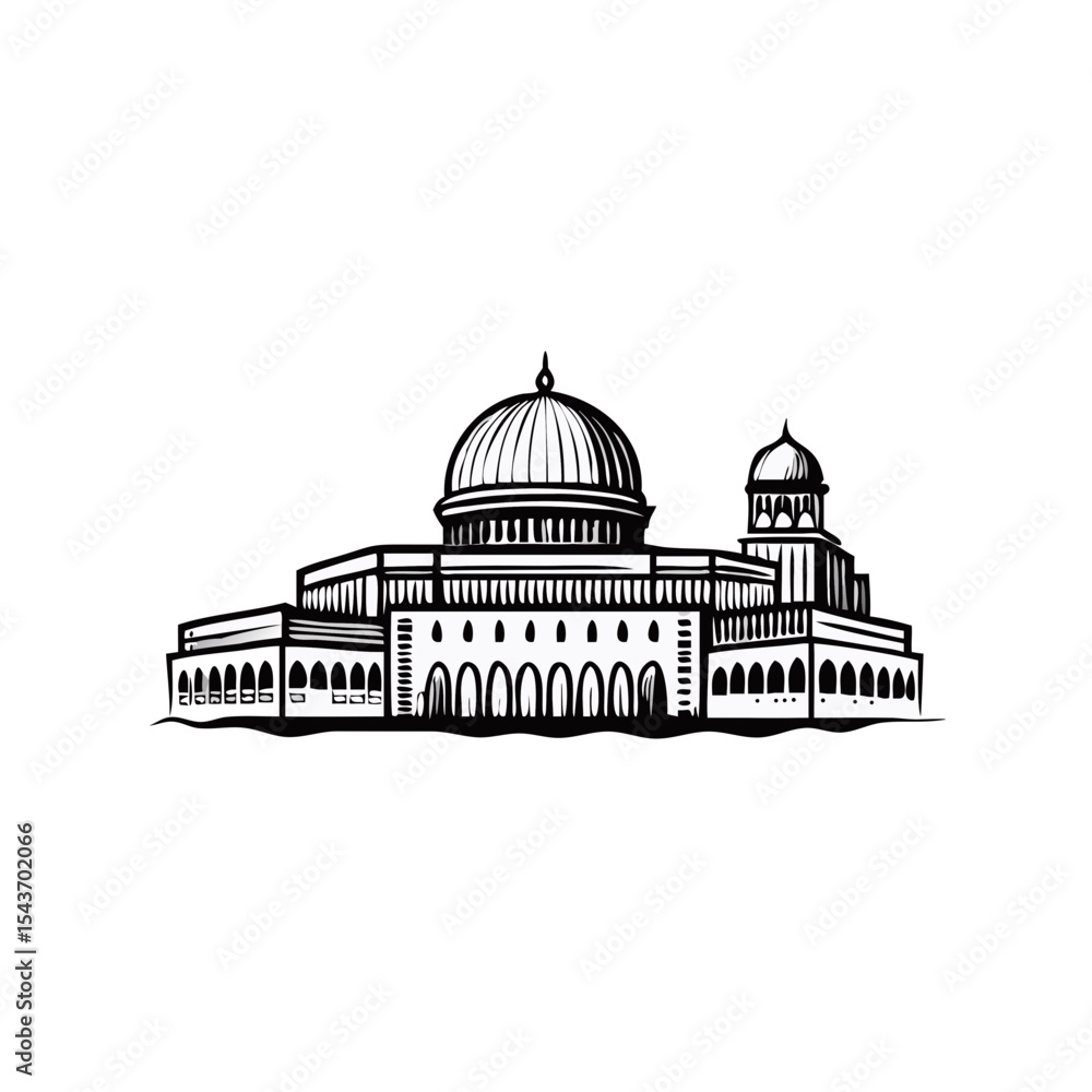 Obraz premium Middle Eastern sacred building with domes in engraved style, iconic Jerusalem landmark. Concept: Israel heritage, holy site, spiritual architecture.