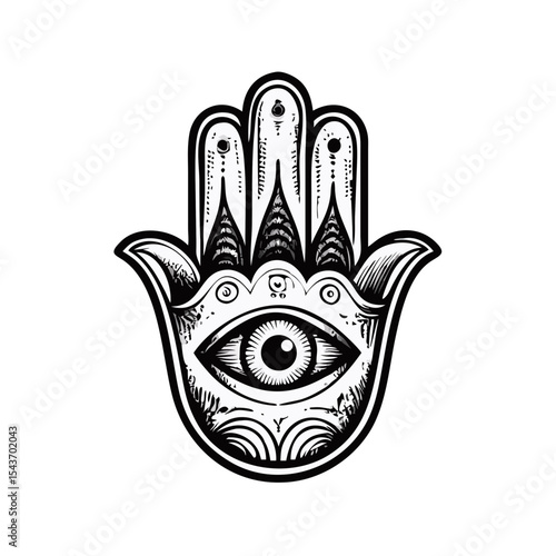 Hamsa hand with eye in center engraved in mystical style, protective spiritual amulet icon. Concept: Jewish and Middle Eastern symbolism, faith and protection.