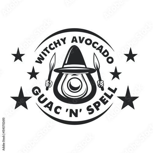 Whimsical Witchy Avocado Emblem: Cartoon Illustration of Avocado with Witch Hat and Knives, Stars, Circle, Funny Text, Black and White                