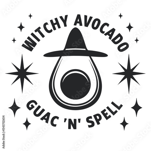 Whimsical Witchy Avocado Illustration: Guac 'N' Spell with Sparkles, Cute Black and White Design for Halloween or Foodie Themes, Vector Art           
