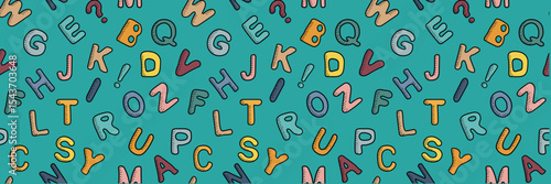 Alphabetical seamless pattern with different latin letters in doodle style. Colored letters on a blue background. Vector wallpaper for back to school theme, wrapping paper, wallpaper, banners.