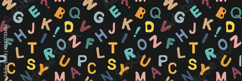 Alphabetical seamless pattern with different latin letters in doodle style. Colored letters on a black background. Vector wallpaper for back to school theme, wrapping paper, wallpaper, banners.