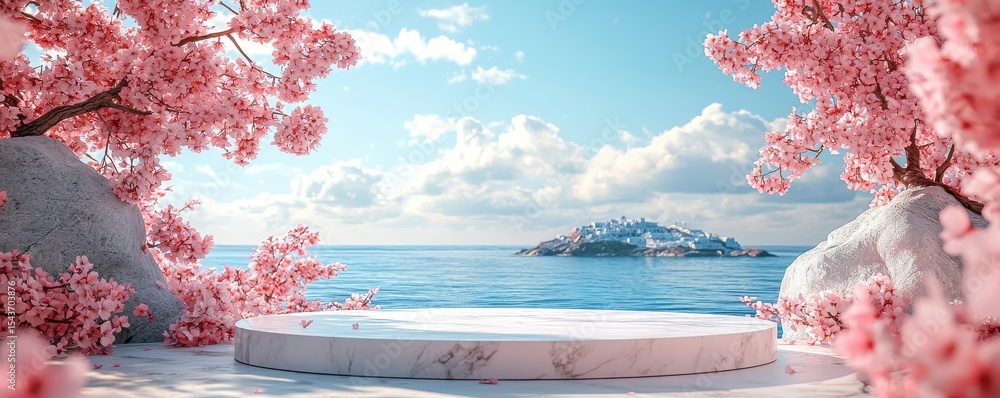 Obraz premium Marble platform with cherry blossoms, ocean view, and island in the horizon