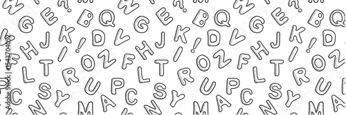 Alphabetical seamless pattern with different hand drawn latin letters in doodle style. Black letters on a white background. Vector wallpaper for back to school theme, wrapping, wallpaper, banners.