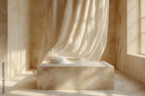 Soft Light and Drape: Minimalist Composition with Stone Pedestal