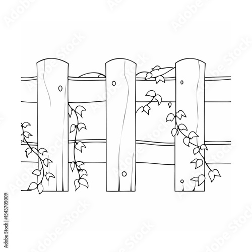 Black and White Line Art Wooden Fence with Vines fence line art