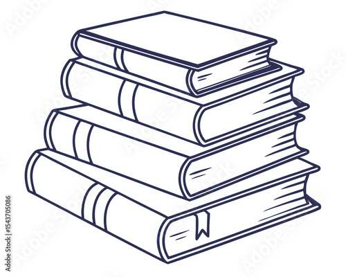 A stack of five books with a bookmark in the bottom book and dark blue outline illustration