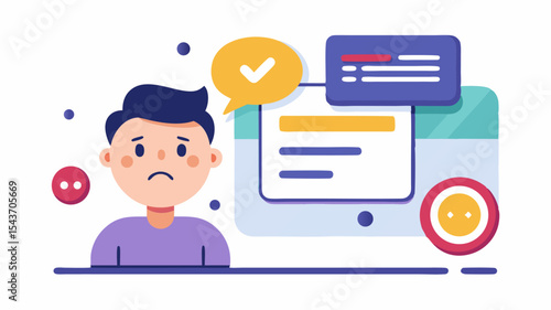 Frustration with Technical Issues Conceptual Illustration Depicting Troubleshooting and Technology Related Problems, Featuring a Sad Character and Error Symbols