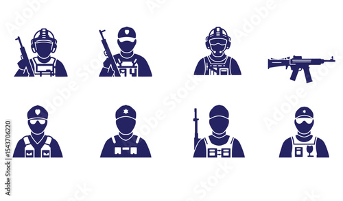 Collection of stylized vector illustrations representing law enforcement officers and firearms in various poses