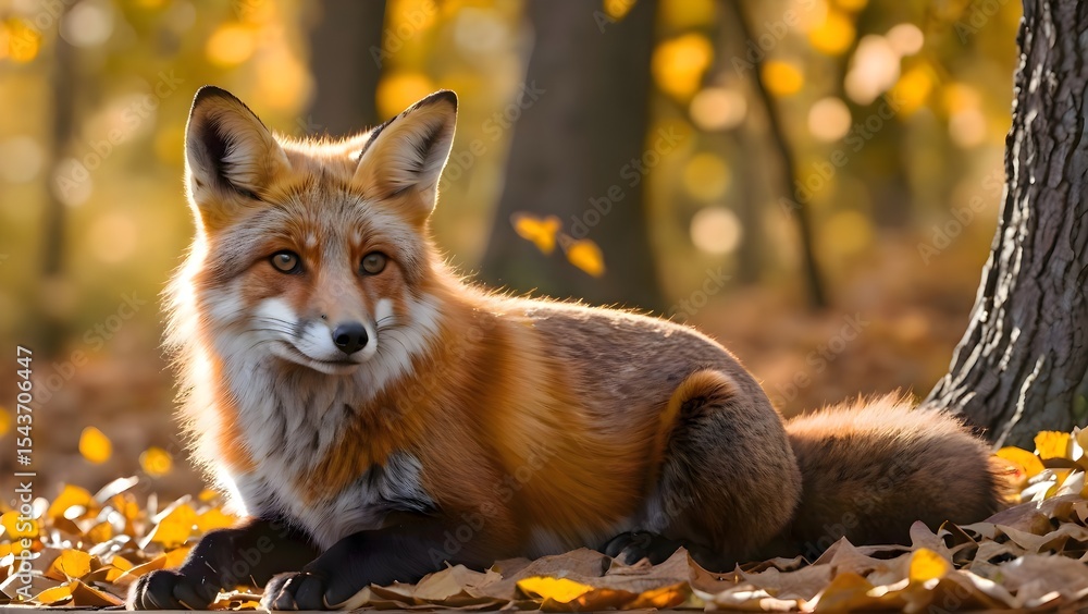 Fototapeta premium Red fox lying down among fallen autumn leaves in a forest setting with natural light and peaceful surroundings