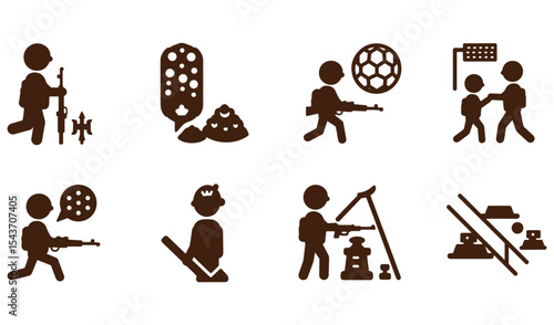 Illustrated icons representing soldiers war weaponry ammunition and conflict with symbolic design