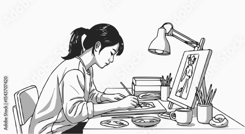 A person sitting at a desk, focused on creating art on a canvas or paper.
