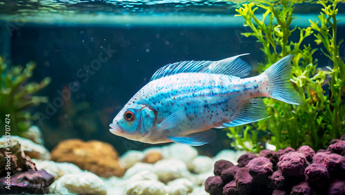 Blue Spotted Aquarium Fish Swimming in Planted Tank