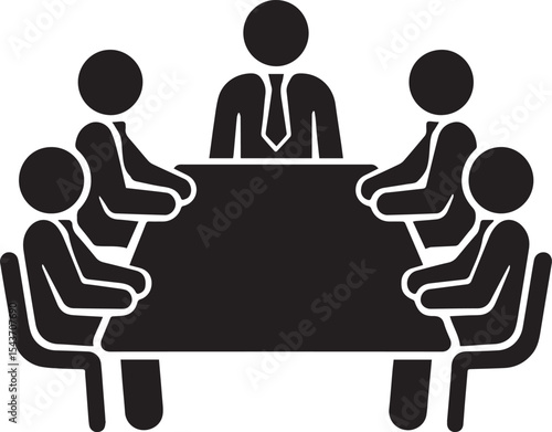 Meeting Icon: A visual representation of a meeting with stick figures gathered around a table. This image is perfect for illustrating collaboration, teamwork, and business discussions.