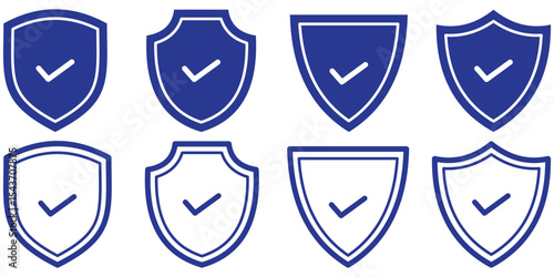Shield with check mark icon set. Black filled and stroke line style. Check mark and tick symbol.