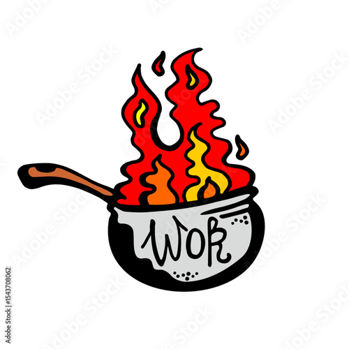 
Vector color illustration of a burning wok with a pilipis on a white isolated background
