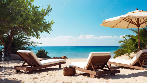 Serene beach scene with two chaise lounges, beach umbrella, and turquoise ocean