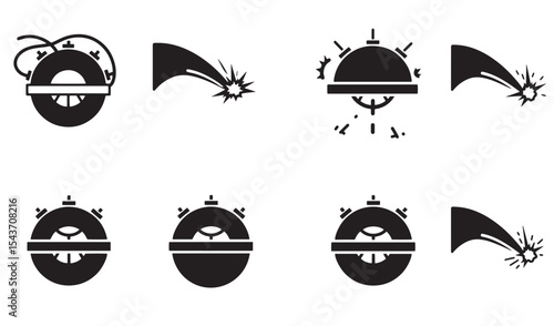 Set of black iconographic illustrations depicting explosive devices with dynamic bursting elements