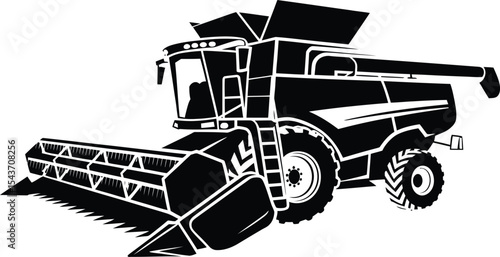 Vector Black Combine Harvester, Agricultural Machine for Farming and Crop Harvesting.