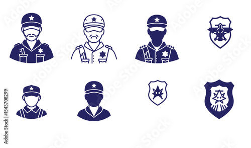 Police officer icons and badges featuring silhouettes and uniforms in a vector illustration