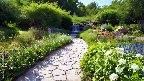 Stone path meanders through vibrant garden, leading to small waterfall