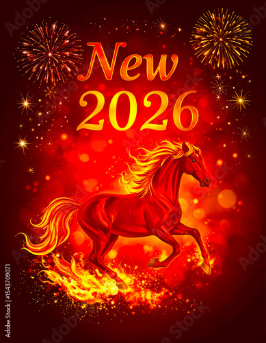 Red Fire Horse against the background of New Year's fireworks and sparks - a symbol of 2026 according to the eastern calendar. AI, Illustration, Generation, Generated image.