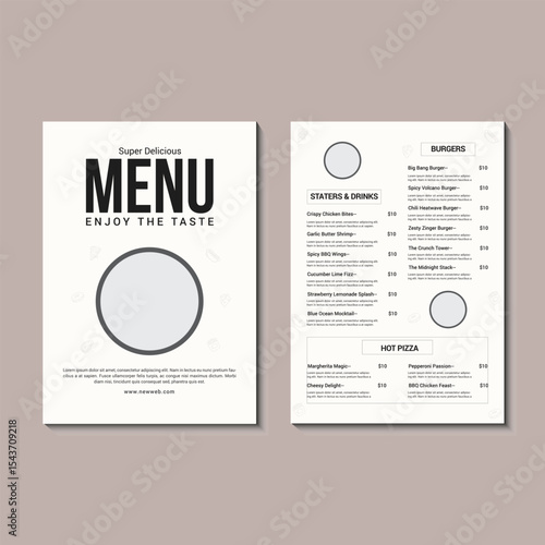 Modern Restaurant Menu Template. Fast Food Flyer Design. Editable Bifold Brochure for Food Business Promotion.Elegant Food Menu Design. Printable Restaurant Flyer with Abstract Background.