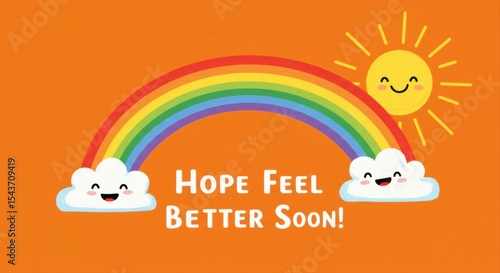 Cartoon illustration with rainbow, smiling sun and clouds wishing well being