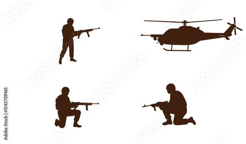 Silhouette illustrations of soldiers armed with assault rifles and helicopter on white background