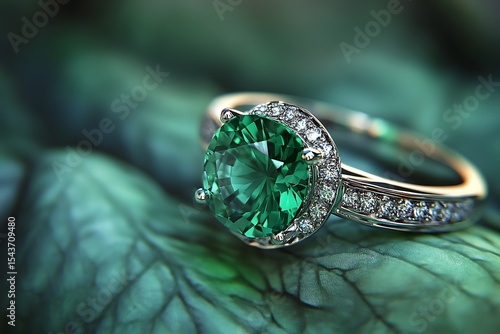 Emerald Gemstone Diamond Halo Ring on Green Feather Luxury Jewelry CloseUp
