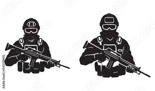 Silhouette illustration of two soldiers in tactical gear holding assault rifles ready for combat