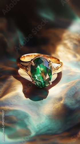 Emerald Gemstone Gold Ring Fine Jewelry Oval Cut on Textured Abstract Background