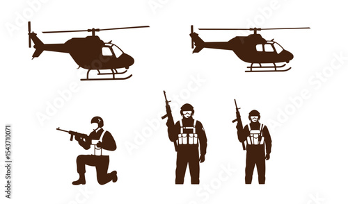 Silhouetted military illustrations featuring helicopters and soldiers with assault rifles