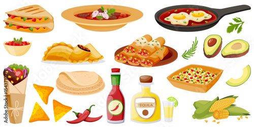 Traditional Mexican food dishes set. Vector illustration of tacos, burritos, salsa, guacamole, chili, and more