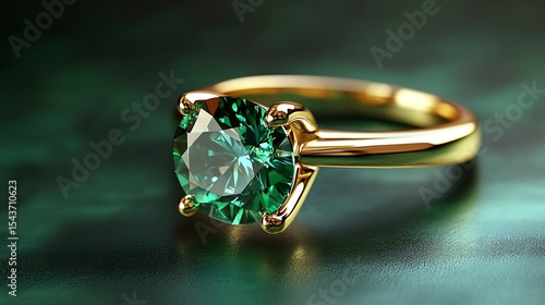 Emerald Gemstone Ring in Gold Setting Resting on a Luxurious Green Surface Backdrop