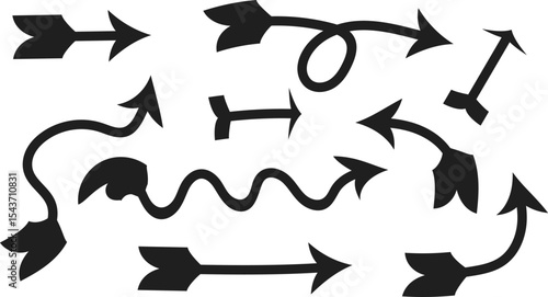 Set of Varied Black Arrows with Curved, Wavy, and Twisted Designs