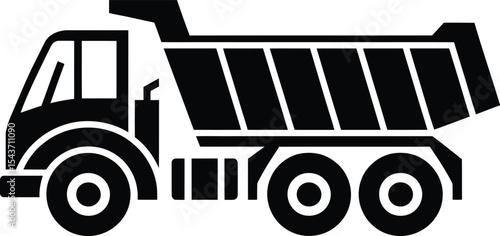 Vector Black Dump Truck, Heavy Construction Vehicle for Hauling and Transport.