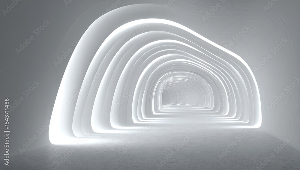 Obraz premium Abstract tunnel, bathed in soft white light, featuring a series of arches, creating a sense of depth and spaciousness