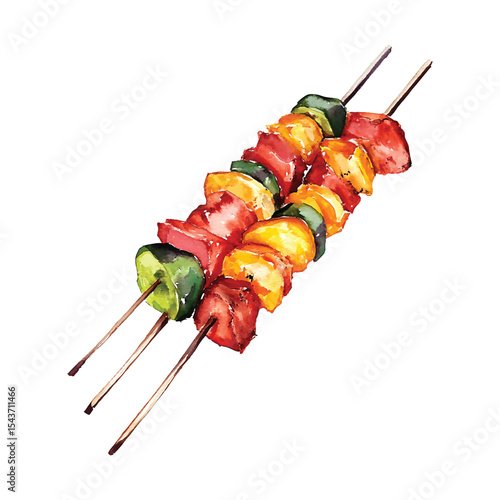 Watercolor illustration of grilled meat and vegetables skewers on transparent background