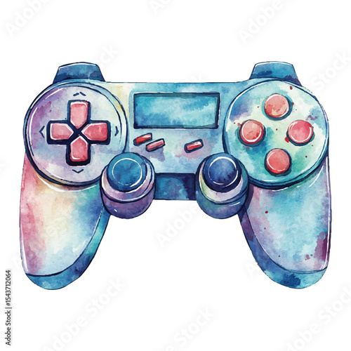 Watercolor illustration of a game controller joypad video game design on transparent background